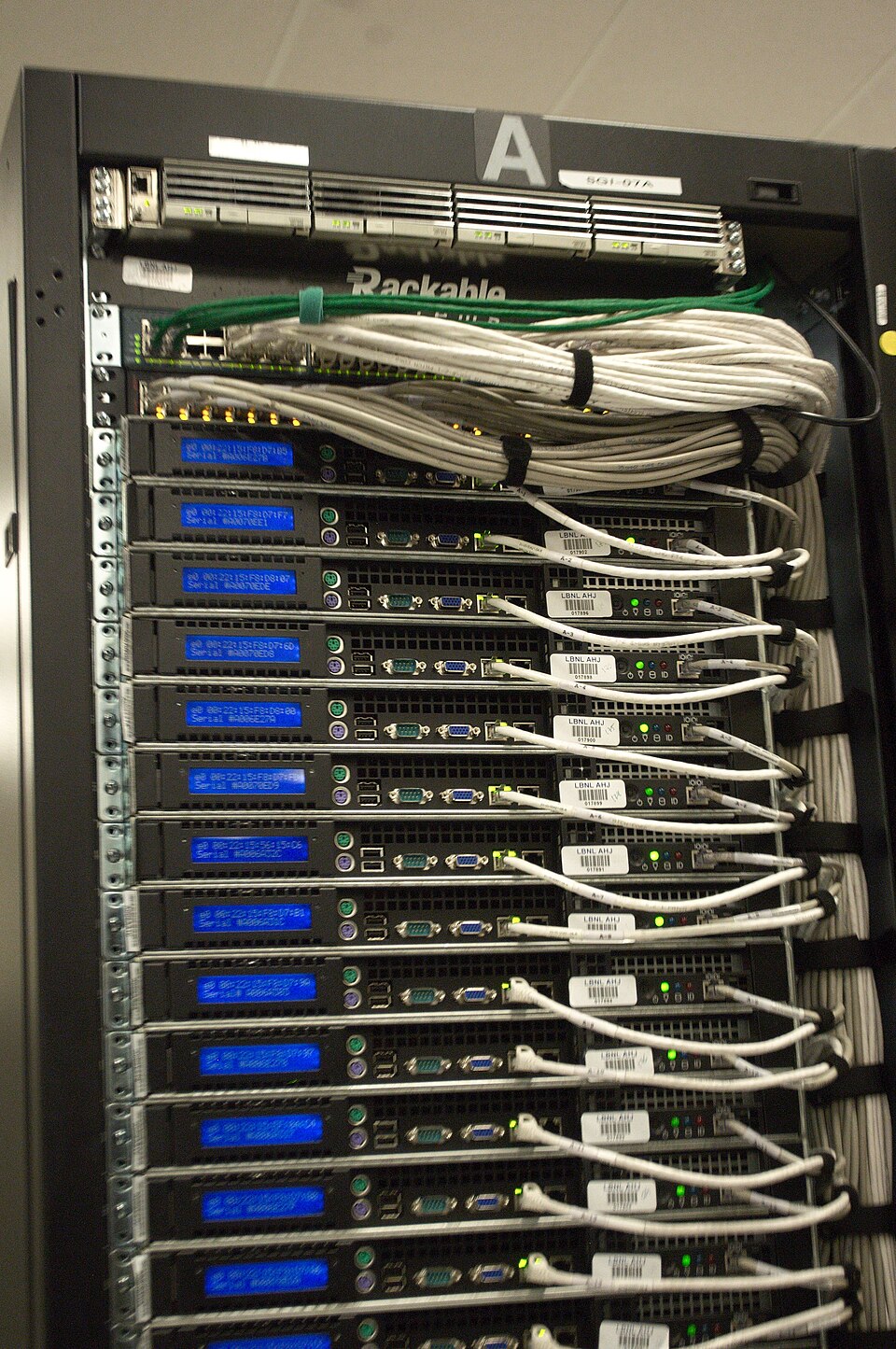 Rack de servere cu cabluri de rețea, folosit pentru găzduirea fișierelor accesibile printr-un index of deschis