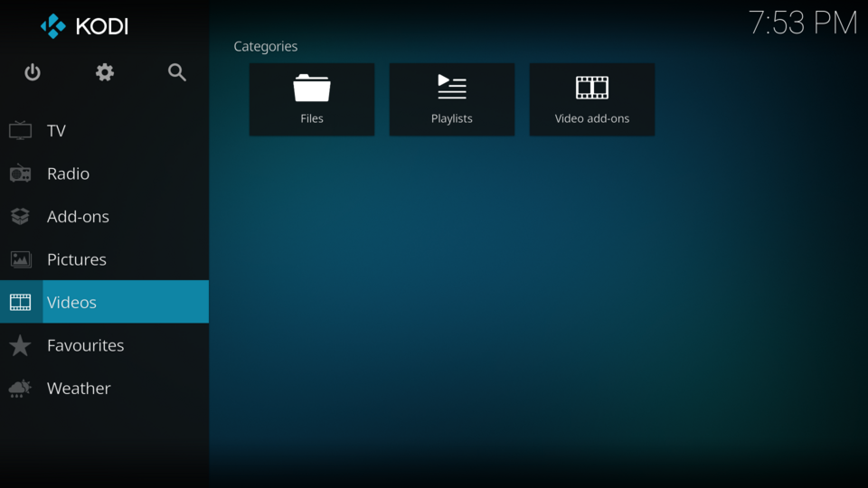 Ecranul principal Kodi Estuary folosit ca baza pentru configurarea extensiei Simple IPTV